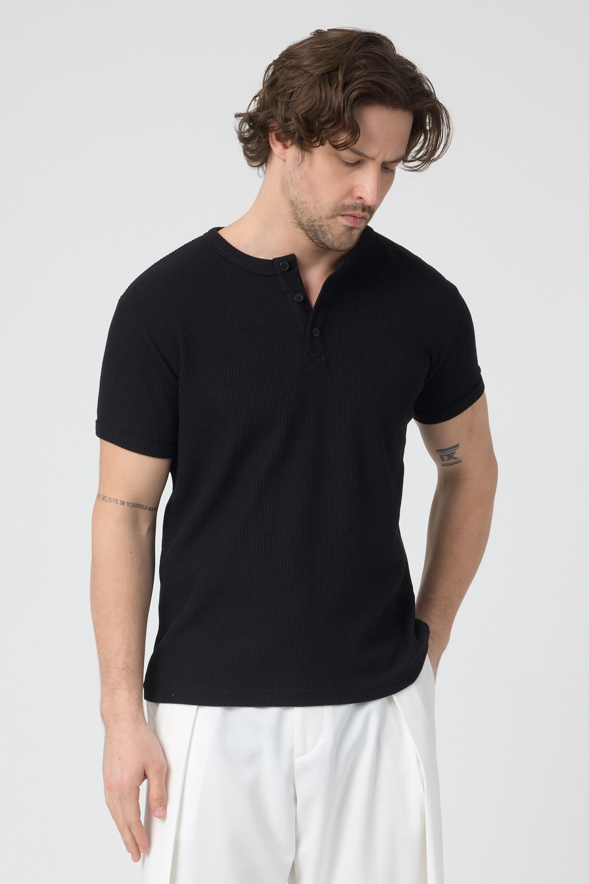 Erkek Fitilli İnterlok Yaka Düğmeli Tshirt Siyah