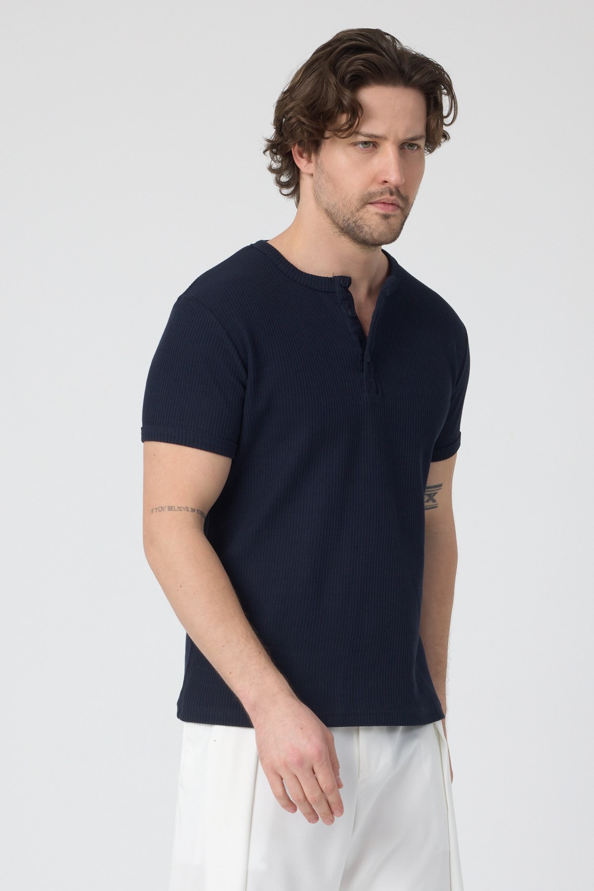 Erkek Fitilli İnterlok Yaka Düğmeli Tshirt Lacivert