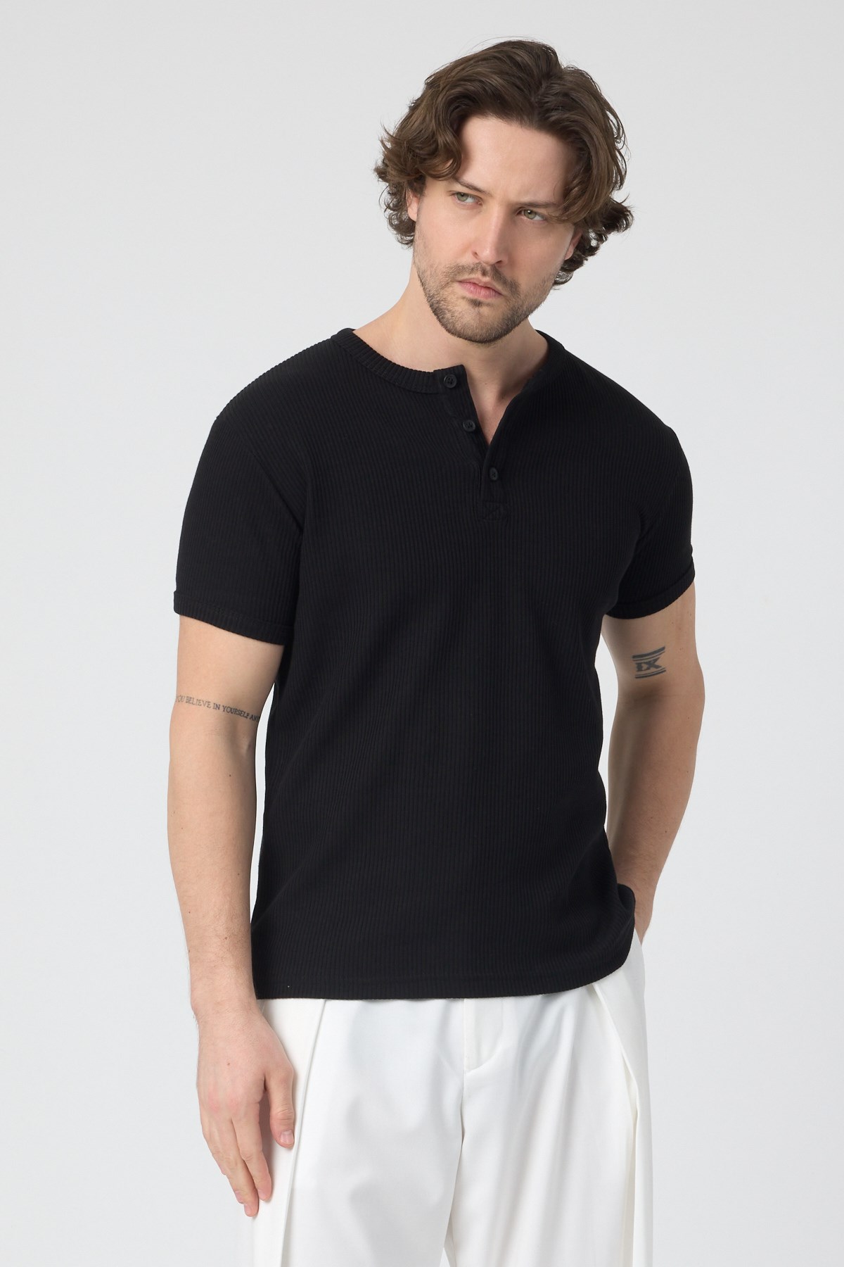 Erkek Fitilli İnterlok Yaka Düğmeli Tshirt Siyah