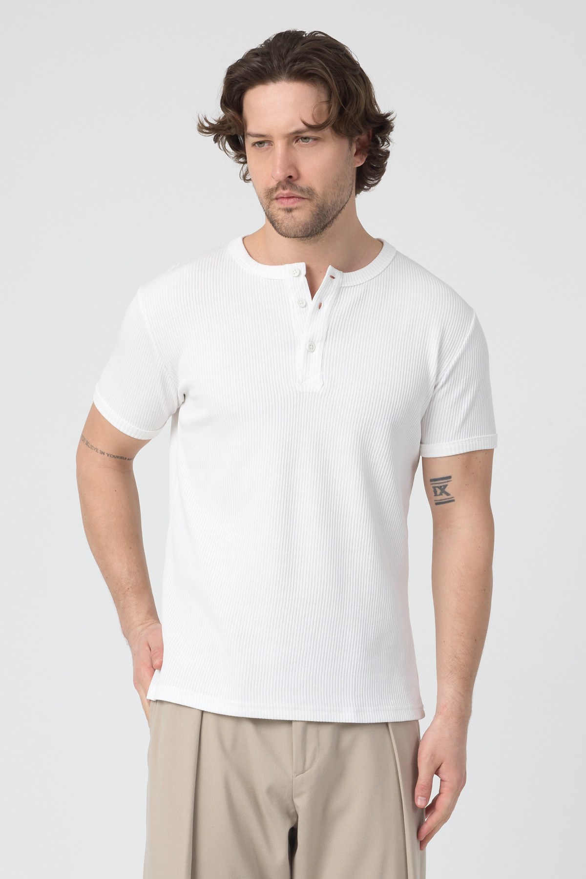 Erkek Fitilli İnterlok Yaka Düğmeli Tshirt Beyaz