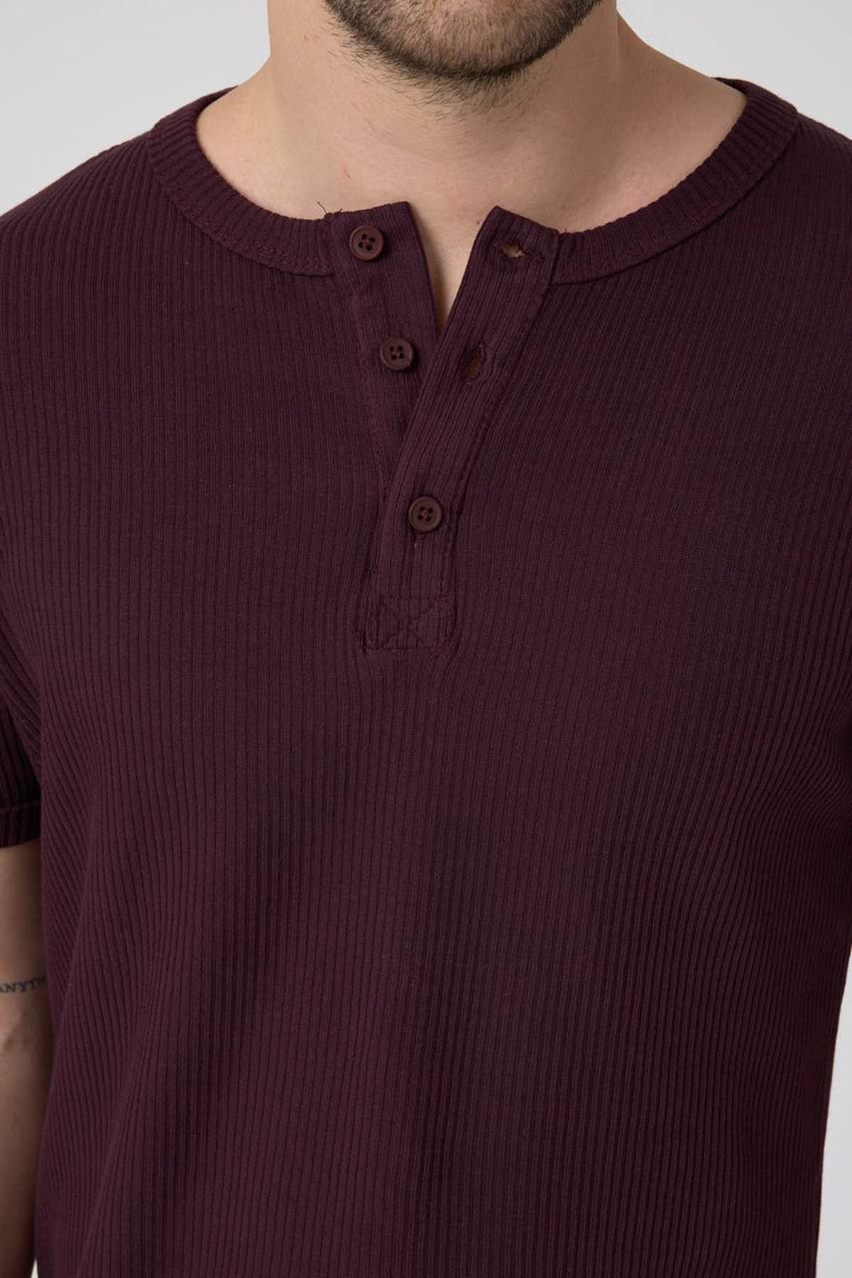 Erkek Fitilli İnterlok Yaka Düğmeli Tshirt Bordo