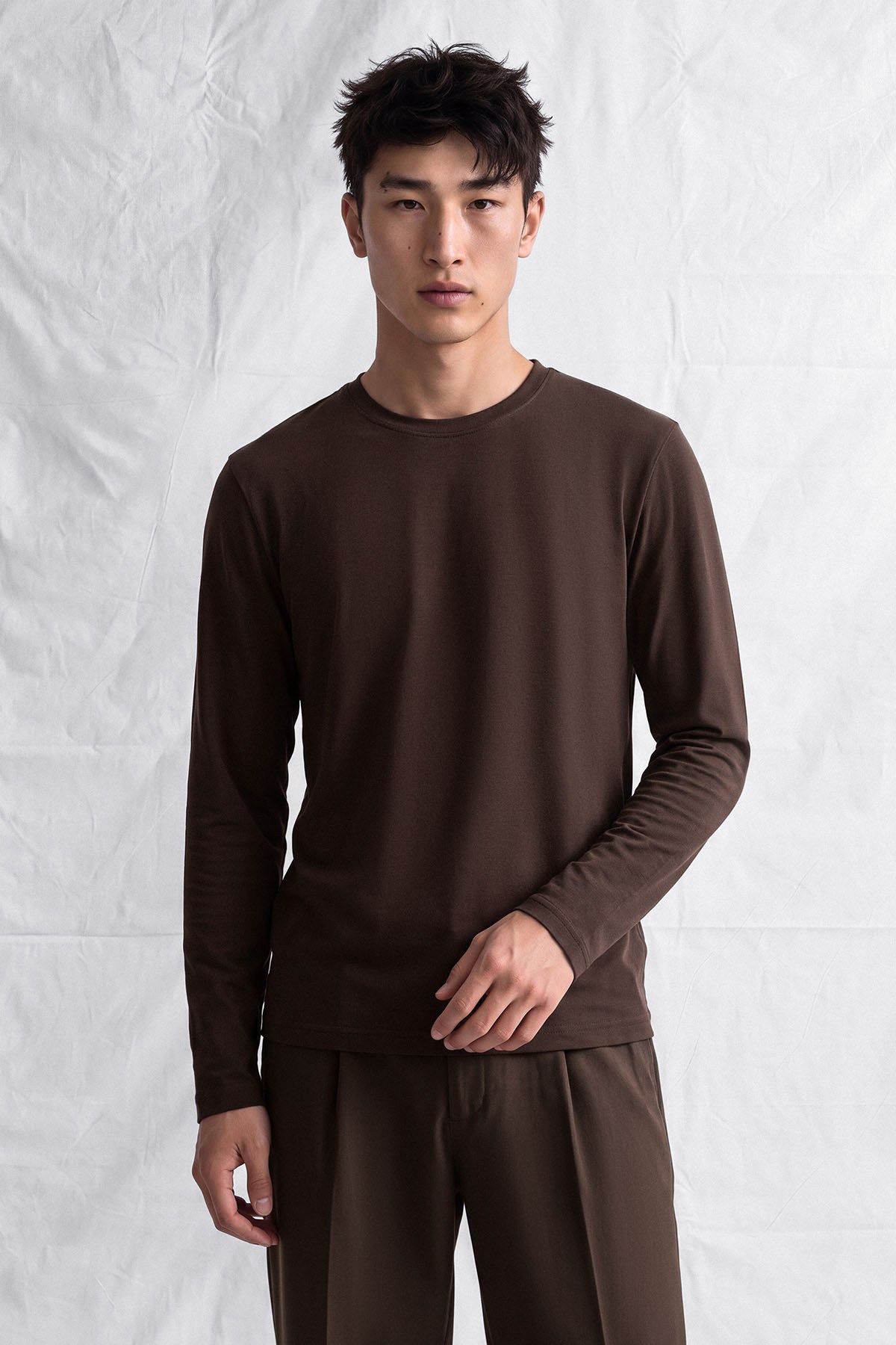 Erkek Horgen Basic Uzun Kol T-Shirt Kahve Rengi