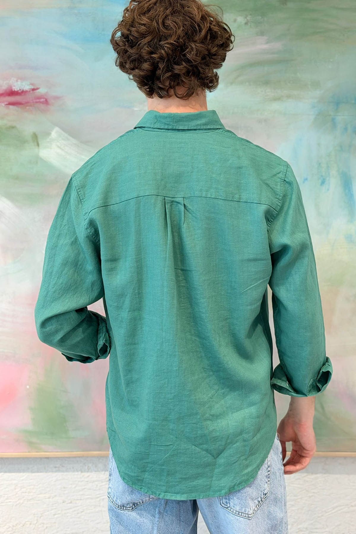 Erkek Kerkük Linen Keten Gömlek Yeşil