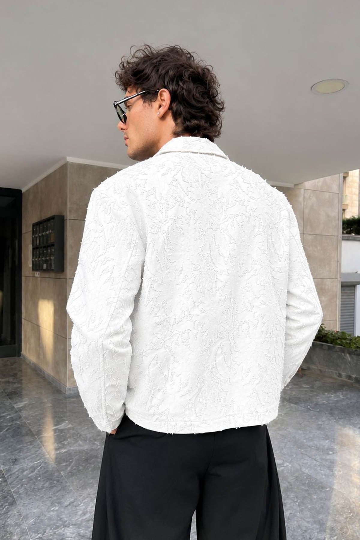 Erkek Keten Kabartmalı  Fermuarlı Ceket Gosford Beyaz