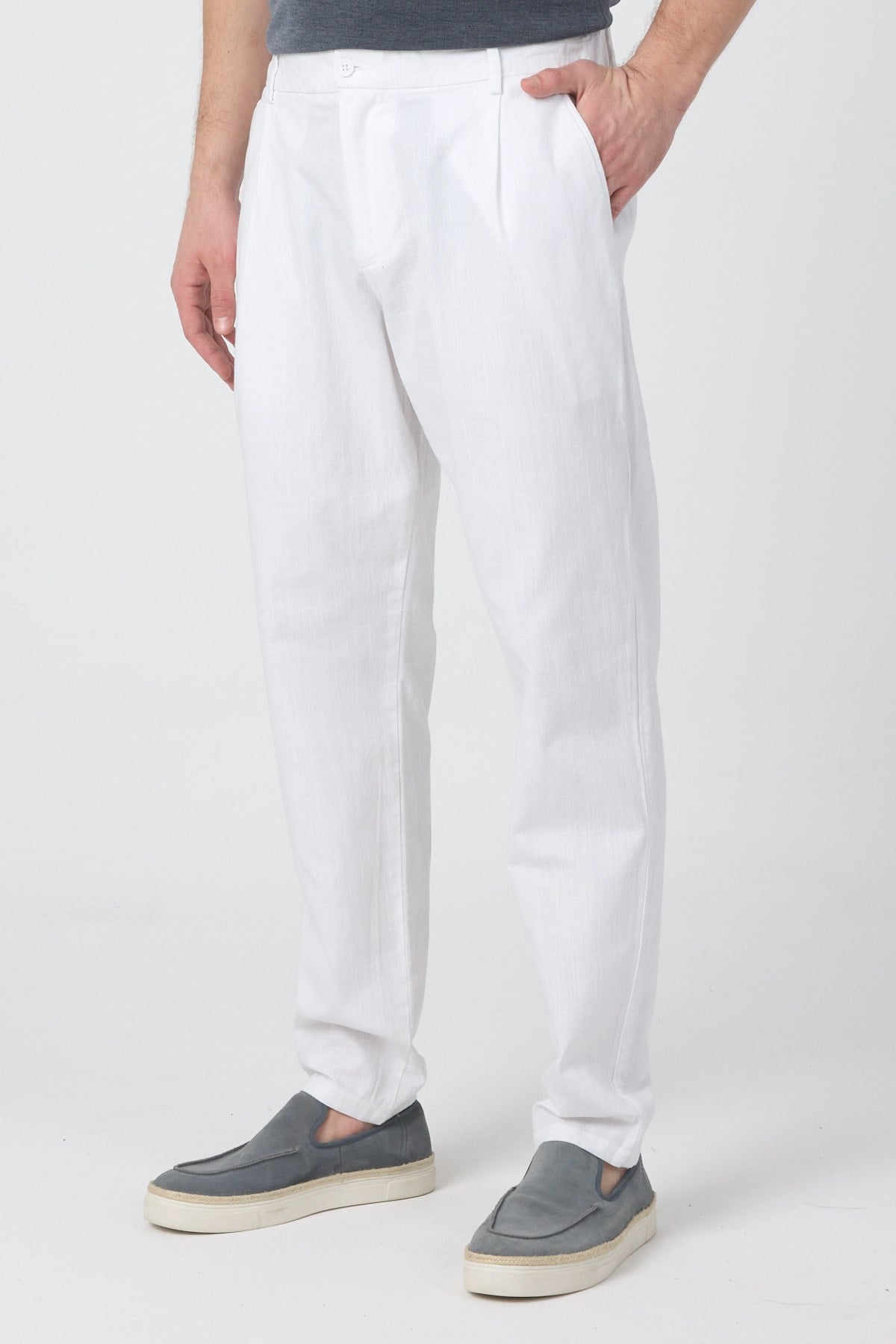 Erkek Keten Rahat Kalıp Pantolon Evere Beyaz