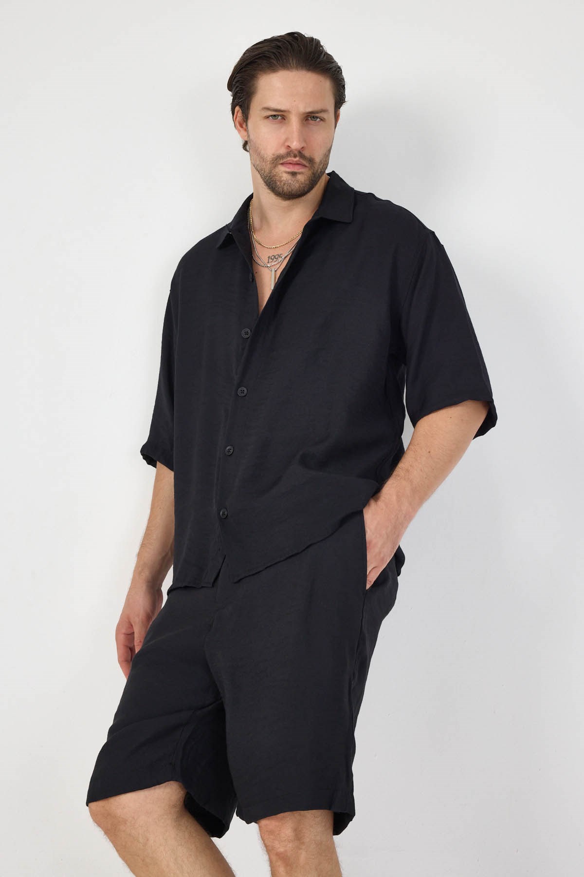 Erkek Leon&zaragoza Desenli  Oversize Şortlu Takım Siyah
