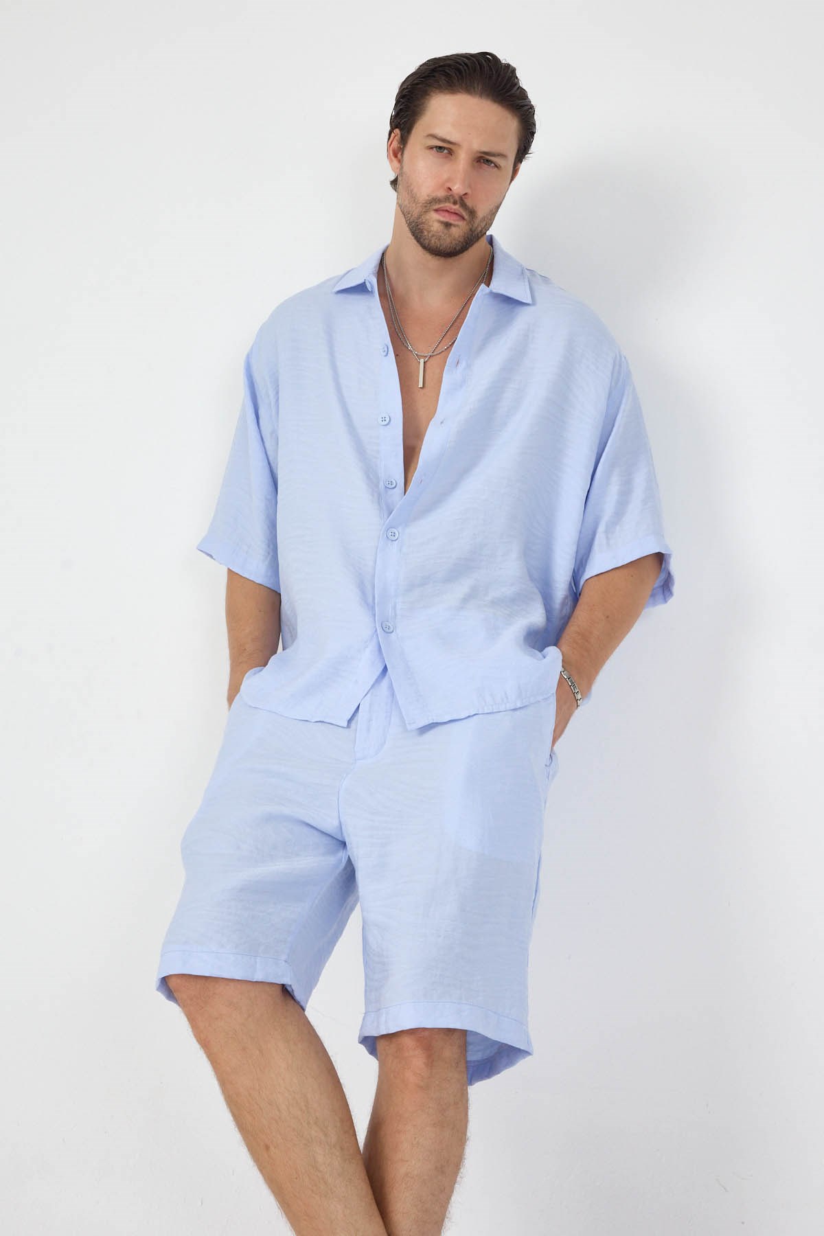 Erkek Leon&zaragoza Desenli  Oversize Şortlu Takım Bebe Mavi