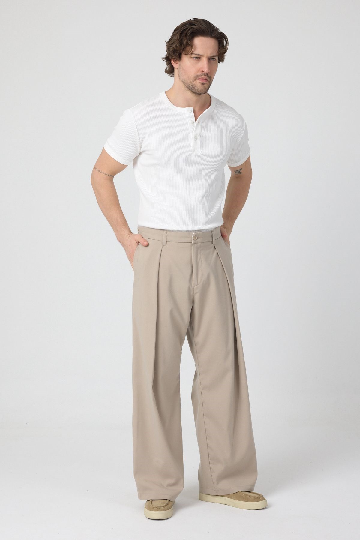 Erkek Pileli Fashion Pantolon Bej