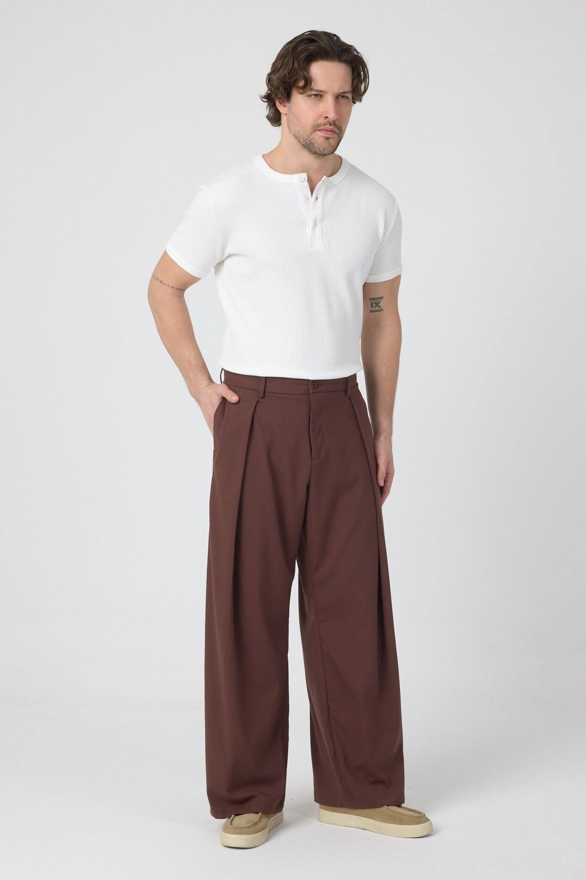 Erkek Pileli Fashion Pantolon Kahve Rengi