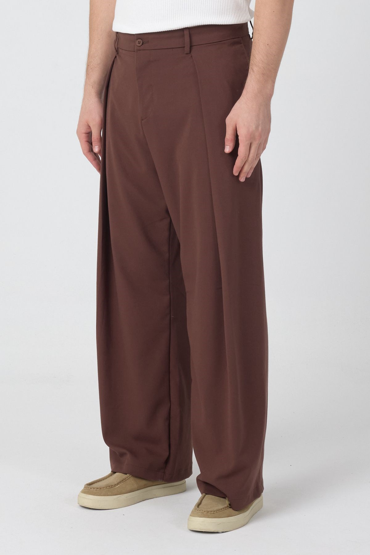 Erkek Pileli Fashion Pantolon Kahve Rengi