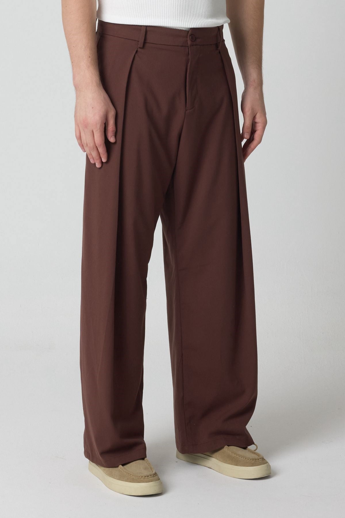 Erkek Pileli Fashion Pantolon Kahve Rengi