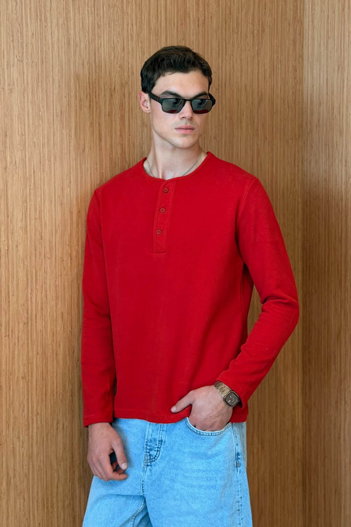 Erkek Sierre Henley Yaka Selanik T-Shirt Kırmızı