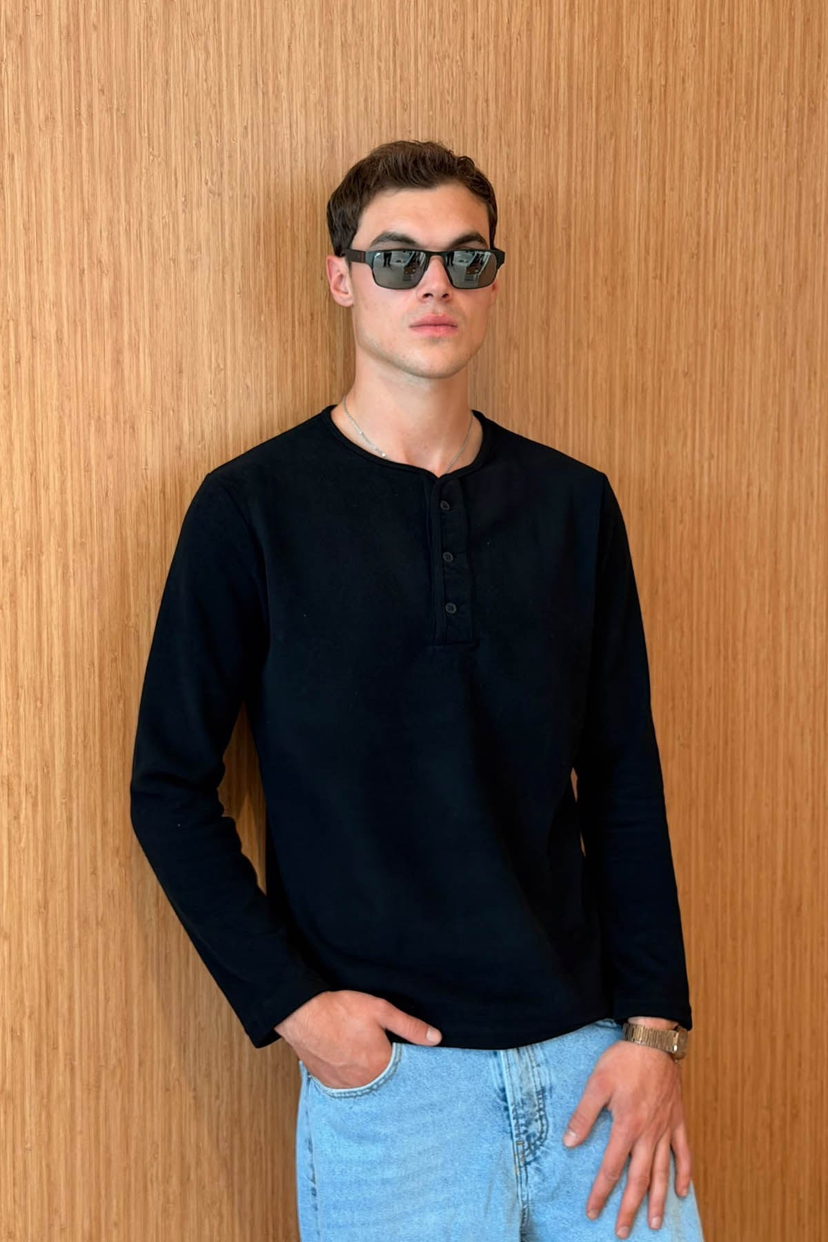 Erkek Sierre Henley Yaka Selanik T-Shirt Siyah
