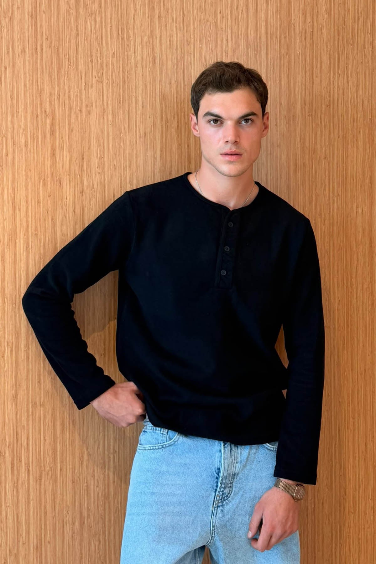 Erkek Sierre Henley Yaka Selanik T-Shirt Siyah