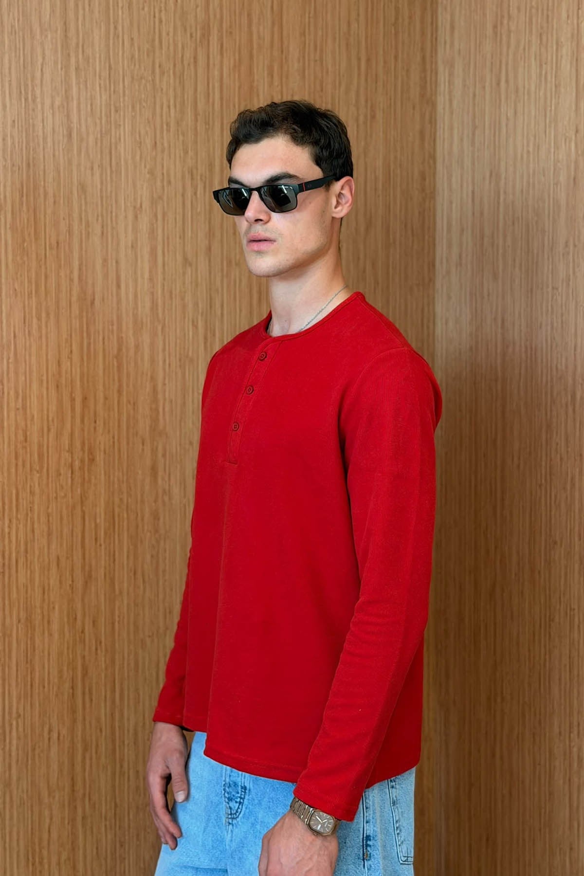 Erkek Sierre Henley Yaka Selanik T-Shirt Kırmızı
