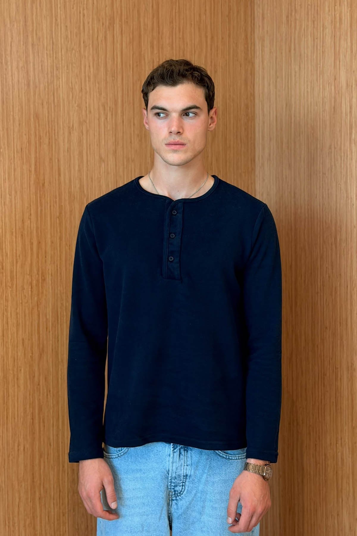 Erkek Sierre Henley Yaka Selanik T-Shirt Lacivert