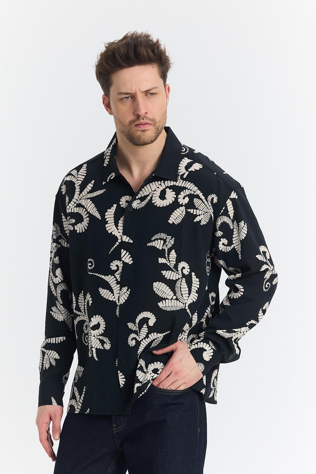 Nava Çiçek Desen Gömlek Siyah