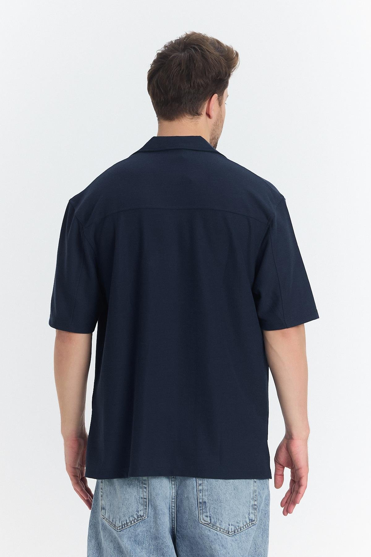 Zalipi Küba Yaka Dokulu Tshirt İndigo Zalipi Küba Yaka Dokulu Tshirt İndigo