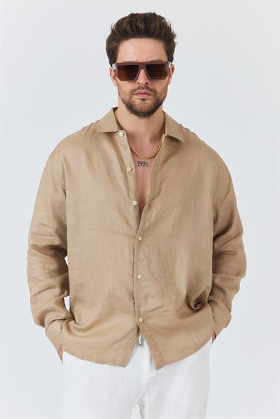 Erkek Bian %100 Keten Gömlek Bej