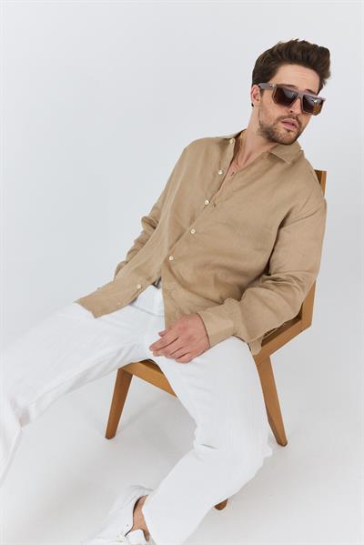 Erkek Bian %100 Keten Gömlek Bej