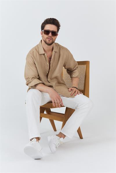 Erkek Bian %100 Keten Gömlek Bej