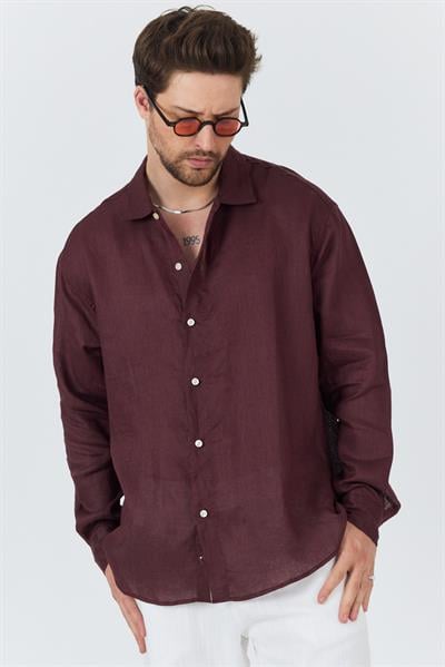 Erkek Bian %100 Keten Gömlek Bordo