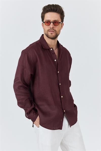 Erkek Bian %100 Keten Gömlek Bordo