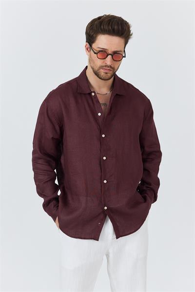 Erkek Bian %100 Keten Gömlek Bordo