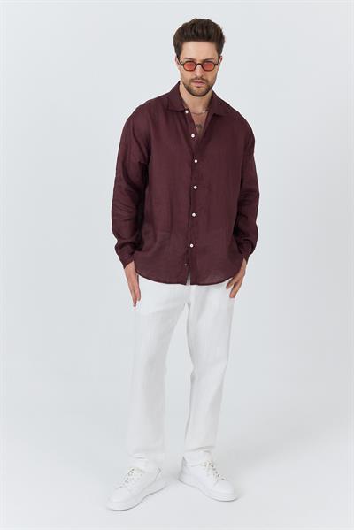 Erkek Bian %100 Keten Gömlek Bordo