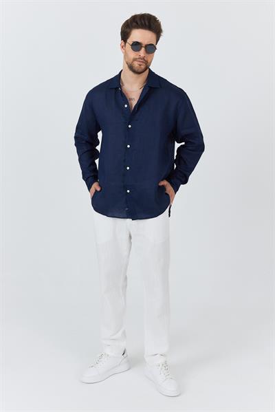 Erkek Bian %100 Keten Gömlek Lacivert