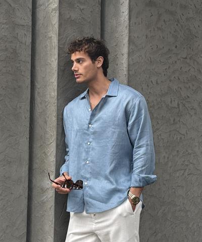 Erkek Bian %100 Keten Gömlek Mavi