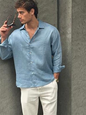 Erkek Bian %100 Keten Gömlek Mavi