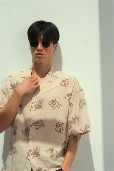 Erkek Cuno Kısa Kol Desenli Gömlek Bej