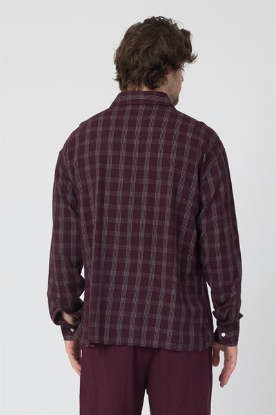 Erkek Ekoseli Pamuk Keten Oversize Gömlek Bordo