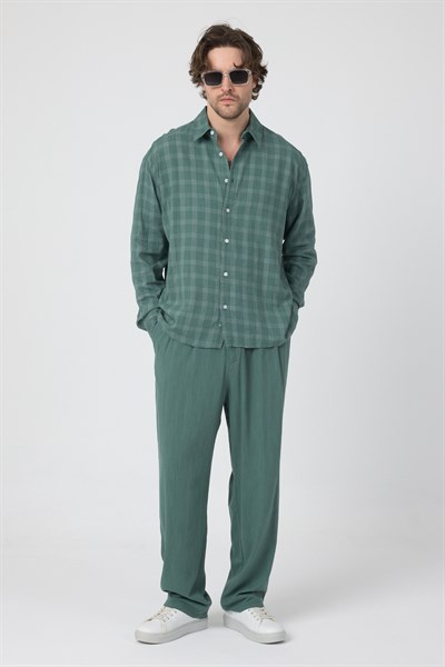 Erkek Ekoseli Pamuk Keten Oversize Gömlek Yeşil