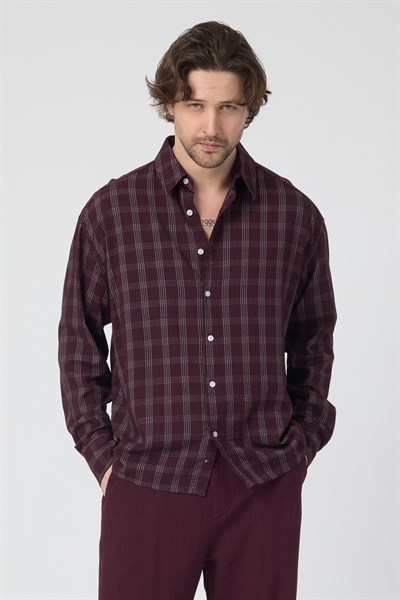 Erkek Ekoseli Pamuk Keten Oversize Gömlek Bordo