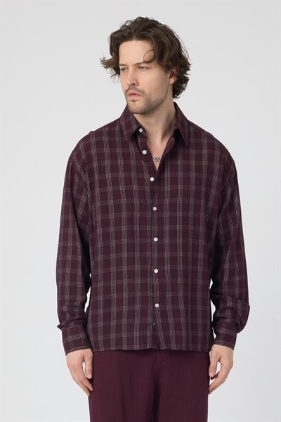 Erkek Ekoseli Pamuk Keten Oversize Gömlek Bordo