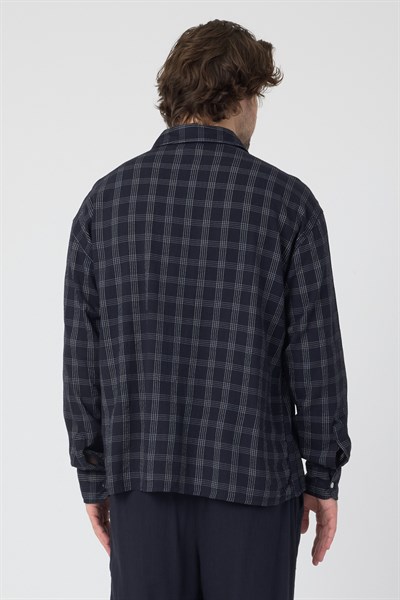 Erkek Ekoseli Pamuk Keten Oversize Gömlek Lacivert