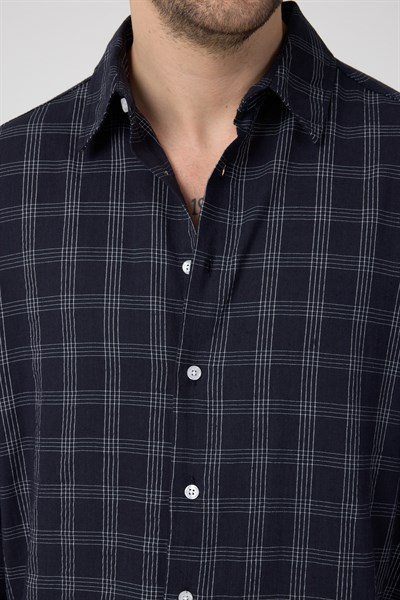 Erkek Ekoseli Pamuk Keten Oversize Gömlek Lacivert