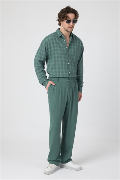 Erkek Ekoseli Pamuk Keten Oversize Gömlek Yeşil