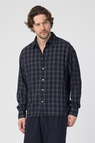 Erkek Ekoseli Pamuk Keten Oversize Gömlek Lacivert