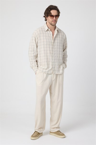 Erkek Ekoseli Pamuk Keten Oversize Gömlek Bej
