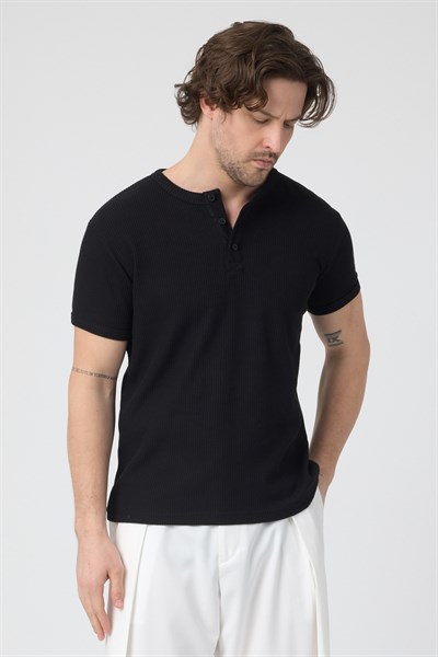 Erkek Fitilli İnterlok Yaka Düğmeli Tshirt Siyah