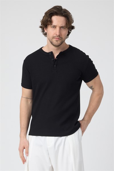 Erkek Fitilli İnterlok Yaka Düğmeli Tshirt Siyah