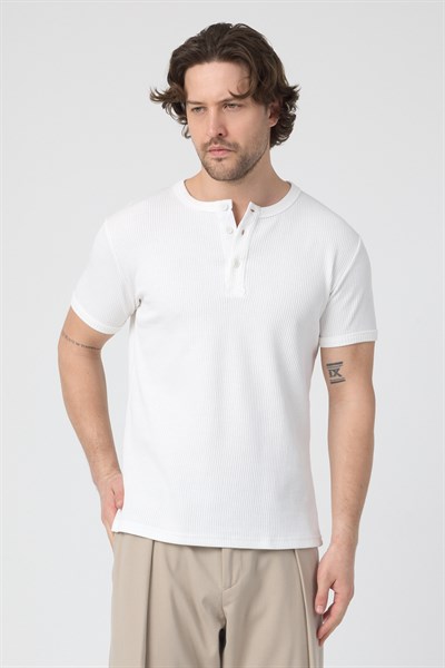 Erkek Fitilli İnterlok Yaka Düğmeli Tshirt Beyaz