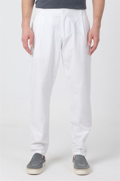 Erkek Keten Rahat Kalıp Pantolon Evere Beyaz