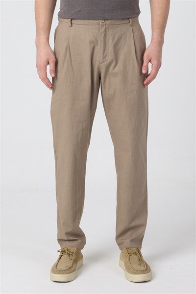 Erkek Keten Rahat Kalıp Pantolon Evere Camel