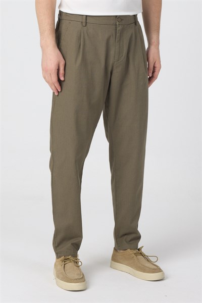 Erkek Keten Rahat Kalıp Pantolon Evere Haki Yeşil
