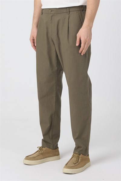 Erkek Keten Rahat Kalıp Pantolon Evere Haki Yeşil