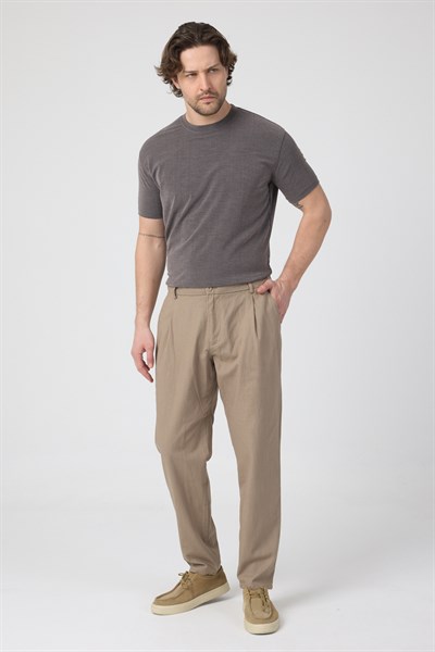 Erkek Keten Rahat Kalıp Pantolon Evere Camel